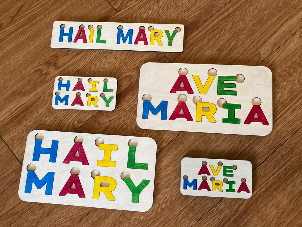 Mini Hail Mary Letter Puzzle, Made in the USA from Birch Wood, 5.5" x 2.75", Catholic Education, Home School