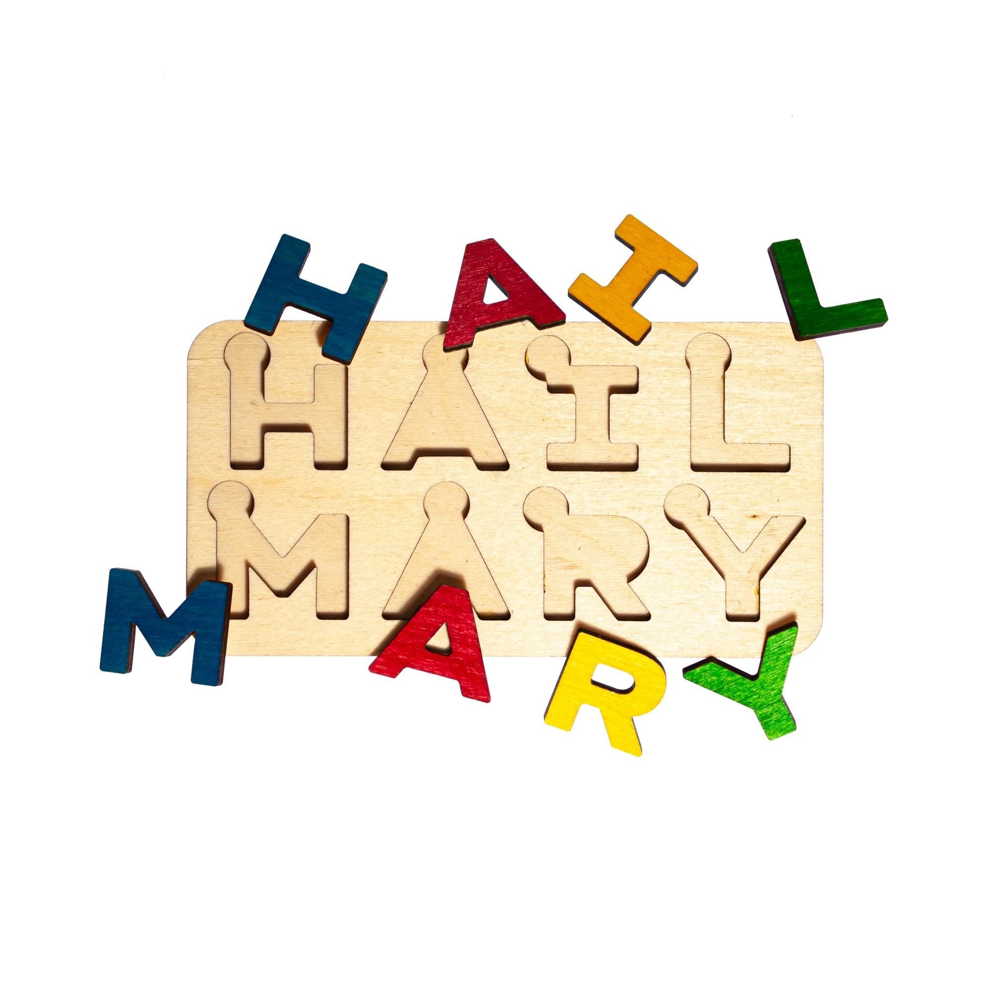 Mini Hail Mary Letter Puzzle, Made in the USA from Birch Wood, 5.5" x 2.75", Catholic Education, Home School